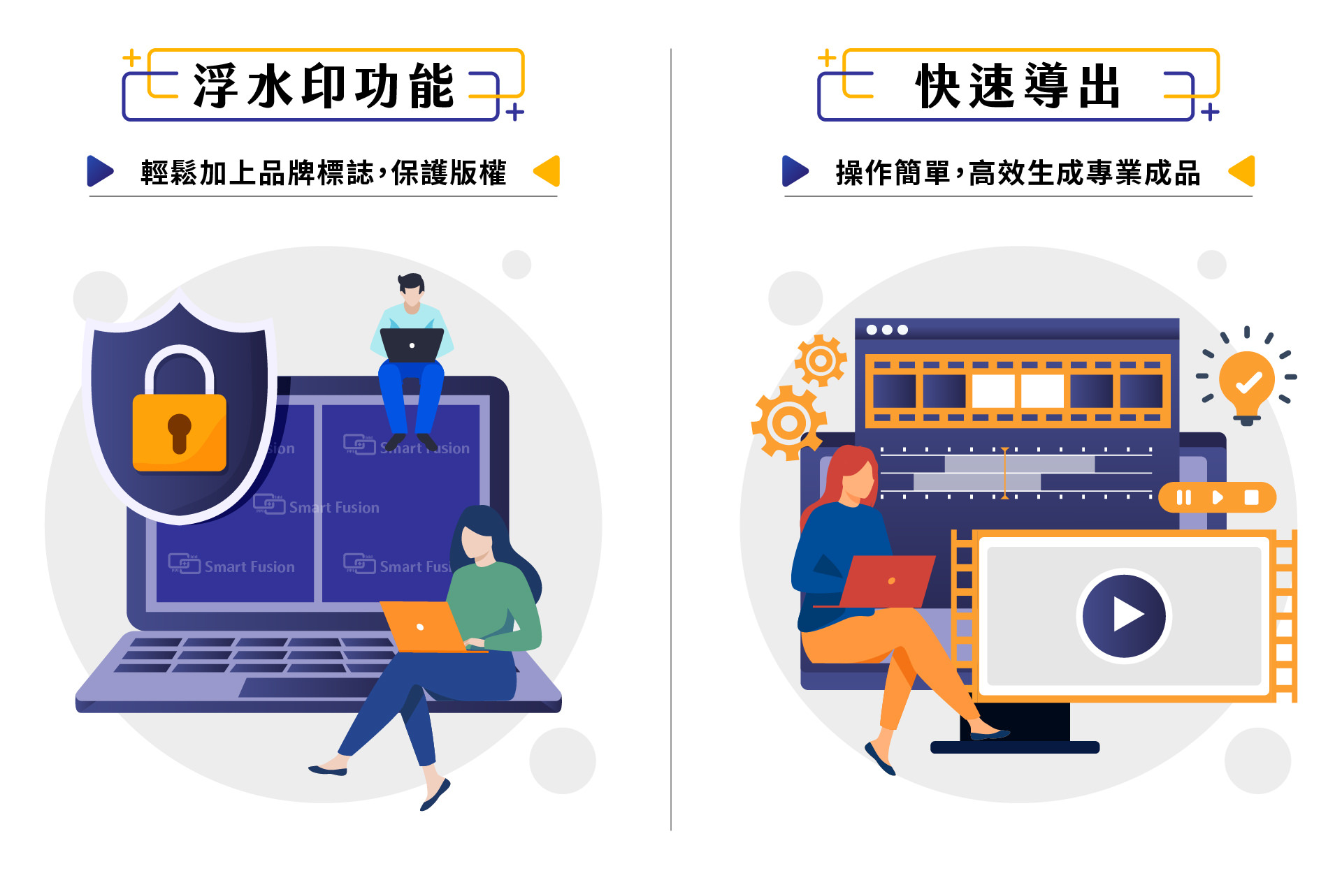 Smart Fusion 影片智能融合内置浮水印功能，能轻松加入品牌标志以保护版权并提升专业度，同时支持快速导出，让用户以简单操作高效生成专业级影片，适合教育课程、产品行销、企业演示文稿与活动纪录，结合智能化合成、字幕、子母画面等多元功能，全面满足不同创作须求，帮助内容创作者与企业高效率打造专属影片，展现品牌价值并有效提升影片影响力。